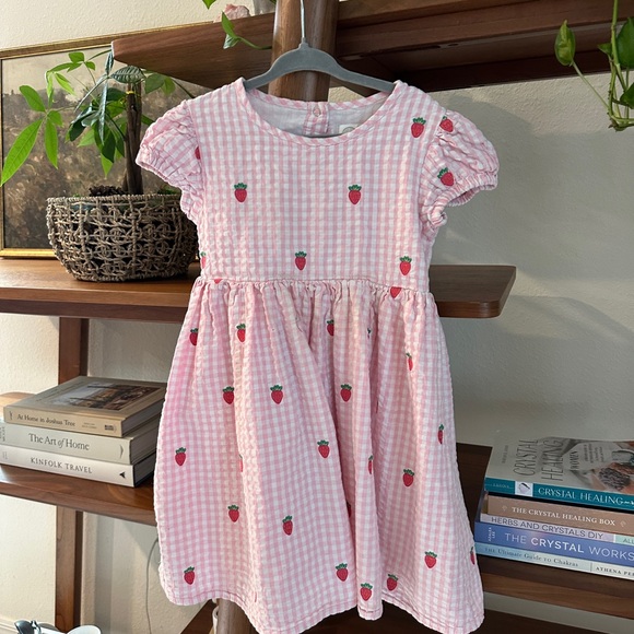 Charming Pink Checkered Kids Dress with Strawberry Design - Picture 1 of 5